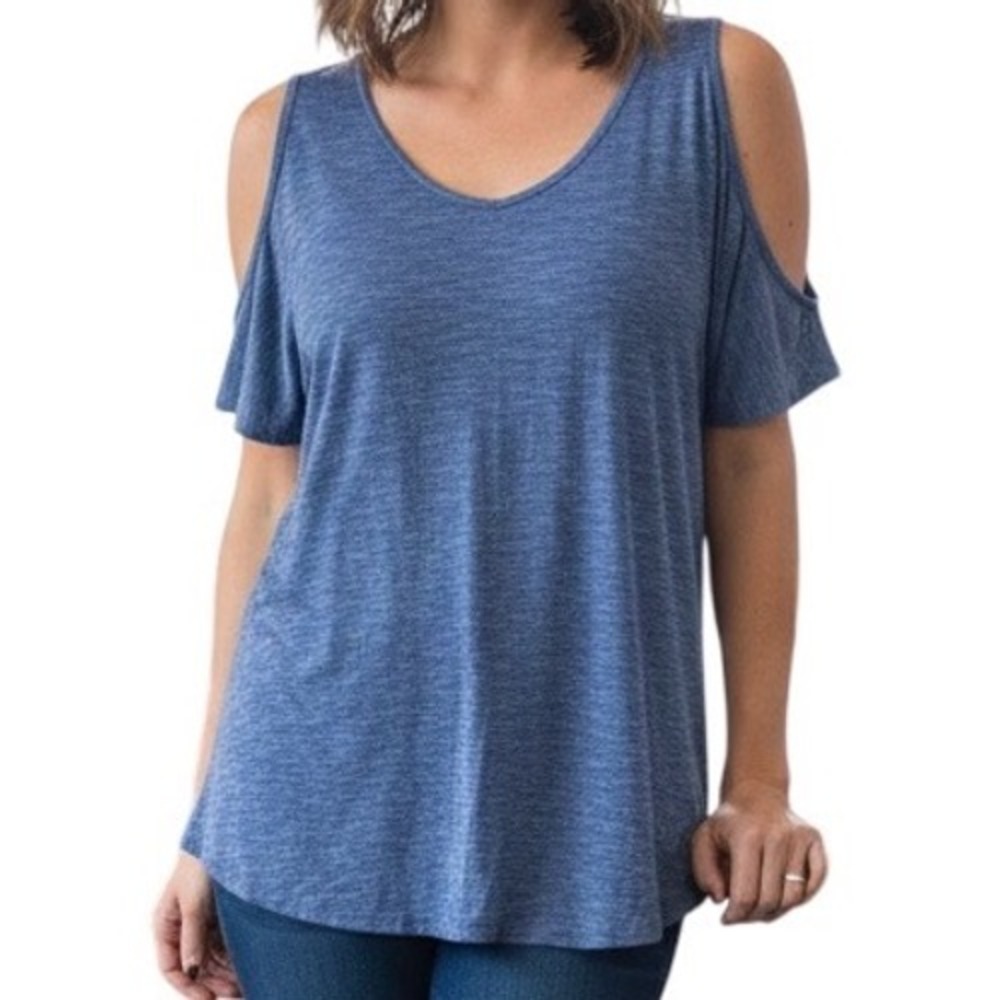 Cable & Gauge Cold Shoulder V Neck Tunic Top Blue Heathered Viscose Size M